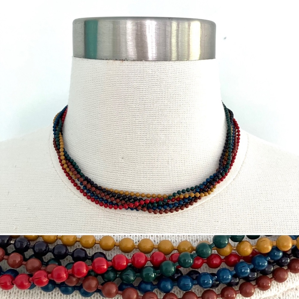 Vintage 60’s dark rainbow metal enamel ball chain rope necklace